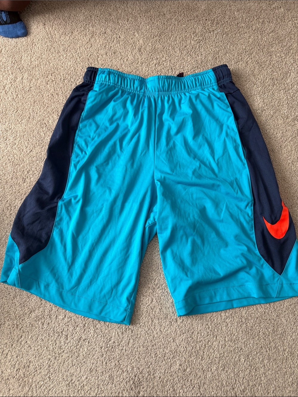 Nike Men's Teal Athletic Shorts with Navy Panels and Orange Swoosh